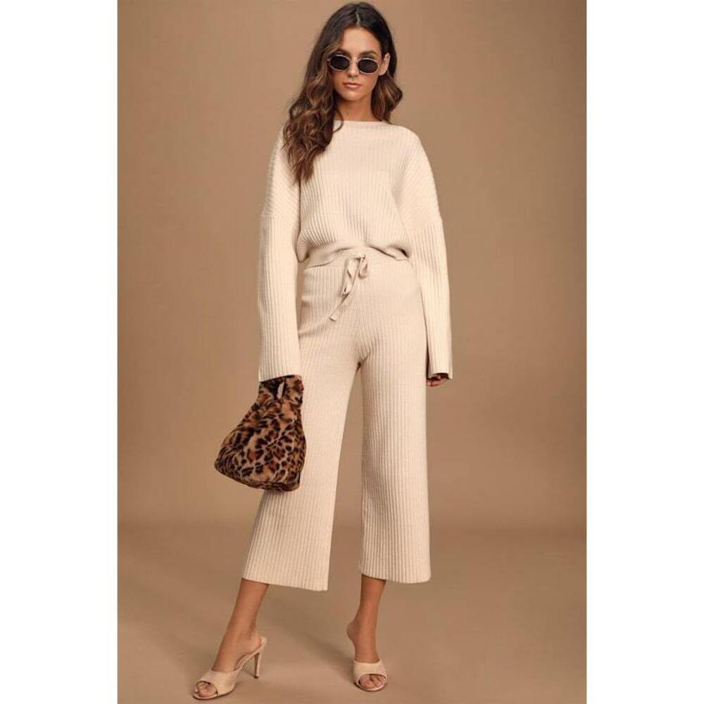 Lulus Snuggly Style Cream Ribbed Knit Wide-leg Pants Beige - Size S